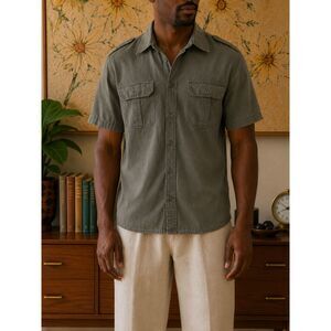 Old Navy Men's Size XXL Olive Green Linen Utility Shirt Military Short Sleeve
